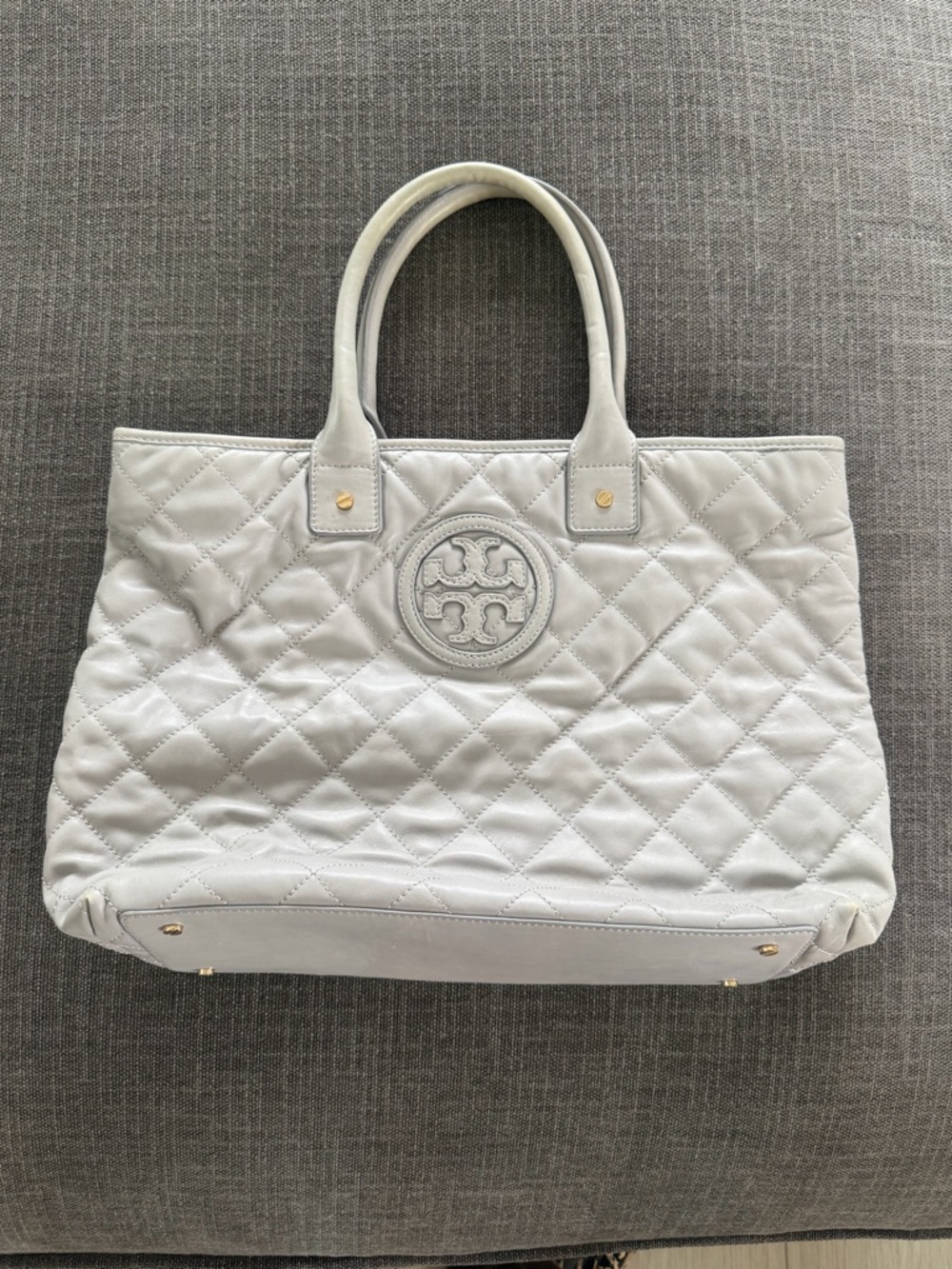 Tory Burch Quilted Leather Tote in Light Gray with Gold Hardware